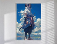 anime ninja with sword poster in a slim frame on a bright wall with soft window light