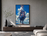 anime ninja with sword poster framed above a wood console in a concrete-wall living room
