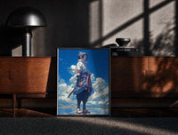Black-framed anime ninja with sword print on a moody console with designer coffee-table books