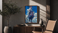 anime ninja with sword poster framed above a fluted sideboard beside an olive tree