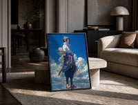 anime ninja with sword print in a black frame leaning on a travertine table in a sunlit lounge