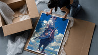 anime ninja with sword framed print being unpacked from protective bubble wrap and a box