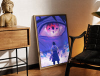 Brass-framed Anime ninja facing giant eye print leaning in a warm styled corner by a sculpture