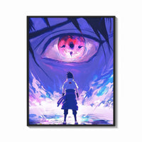 Framed Anime ninja facing giant eye print shown as a bold statement piece on a clean gallery wall