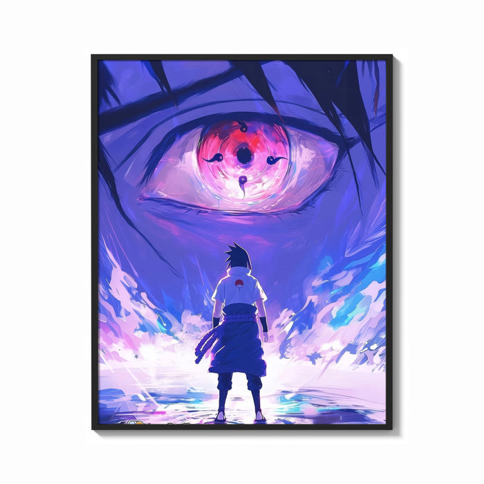 Framed Anime ninja facing giant eye print shown as a bold statement piece on a clean gallery wall
