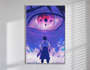 Anime ninja facing giant eye poster in a slim frame on a bright wall with soft window light