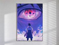 Anime ninja facing giant eye poster in a slim frame on a bright wall with soft window light