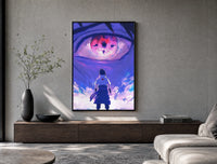 Anime ninja facing giant eye poster framed above a wood console in a concrete-wall living room