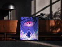 Black-framed Anime ninja facing giant eye print on a moody console with designer coffee-table books