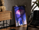 Walnut-framed Anime ninja facing giant eye print leaning against a sunlit rustic brick wall