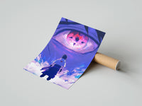 Rolled Anime ninja facing giant eye poster beside its crush-resistant kraft shipping tube