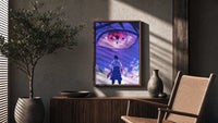 Anime ninja facing giant eye poster framed above a fluted sideboard beside an olive tree
