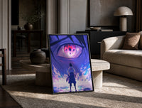 Anime ninja facing giant eye print in a black frame leaning on a travertine table in a sunlit lounge