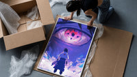 Anime ninja facing giant eye framed print being unpacked from protective bubble wrap and a box