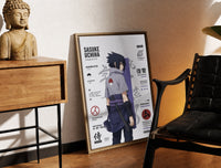 Brass-framed Sasuke Uchiha standing with sword print leaning in a warm styled corner by a sculpture
