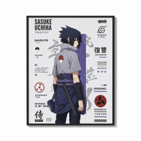 Framed Sasuke Uchiha standing with sword print shown as a bold statement piece on a clean gallery wall