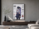 Sasuke Uchiha standing with sword poster framed above a wood console in a concrete-wall living room