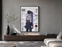 Sasuke Uchiha standing with sword poster framed above a wood console in a concrete-wall living room