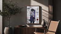 Sasuke Uchiha standing with sword poster framed above a fluted sideboard beside an olive tree