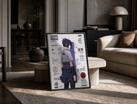 Sasuke Uchiha standing with sword print in a black frame leaning on a travertine table in a sunlit lounge
