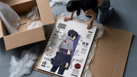 Sasuke Uchiha standing with sword framed print being unpacked from protective bubble wrap and a box