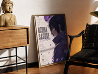 Brass-framed Anime male character profile portrait print leaning in a warm styled corner by a sculpture