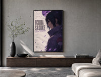Anime male character profile portrait poster framed above a wood console in a concrete-wall living room
