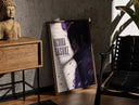 Walnut-framed Anime male character profile portrait print leaning against a sunlit rustic brick wall