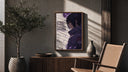 Anime male character profile portrait poster framed above a fluted sideboard beside an olive tree