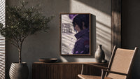 Anime male character profile portrait poster framed above a fluted sideboard beside an olive tree