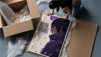 Anime male character profile portrait framed print being unpacked from protective bubble wrap and a box