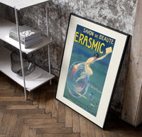 Woman riding a soap bubble poster in a black frame leaning beside a shelf in a raw-plaster loft