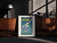 Black-framed Woman riding a soap bubble print on a moody console with designer coffee-table books