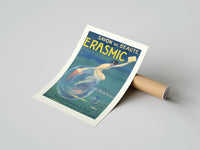 Rolled Woman riding a soap bubble poster beside its crush-resistant kraft shipping tube