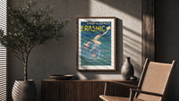 Woman riding a soap bubble poster framed above a fluted sideboard beside an olive tree