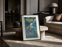 Woman riding a soap bubble print in a black frame leaning on a travertine table in a sunlit lounge
