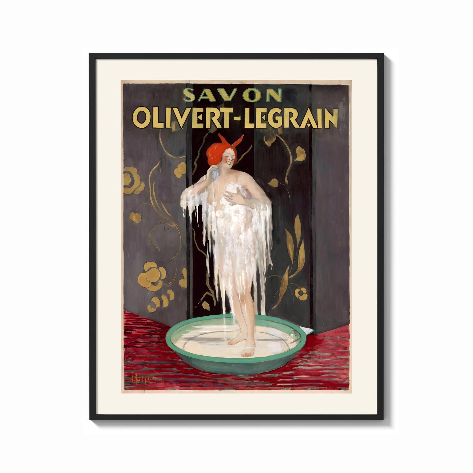 Framed Woman bathing in soap suds print shown as a bold statement piece on a clean gallery wall