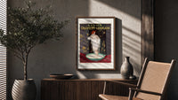 Woman bathing in soap suds poster framed above a fluted sideboard beside an olive tree