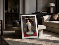 Woman bathing in soap suds print in a black frame leaning on a travertine table in a sunlit lounge