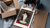 Woman bathing in soap suds framed print being unpacked from protective bubble wrap and a box