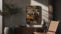 Scattered CD Album Cases poster framed above a fluted sideboard beside a potted tree