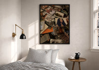 Scattered CD Album Cases print in a black frame above a bed with striped linens, a brass wall lamp and a sunlit window