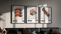 SEA x FOOD Market Collection triptych in three black frames on a grey wall above a leather sofa