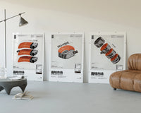 SEA x FOOD Market Collection three-panel set displayed beside a brown leather sofa