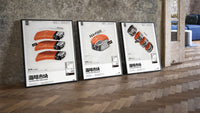 SEA x FOOD Market Collection three-piece set leaning on parquet beside a vintage loft door