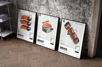 SEA x FOOD Market Collection set of three black-framed prints leaning against a raw-plaster wall