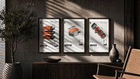 SEA x FOOD Market Collection triptych in three walnut frames above a sideboard in a warm room