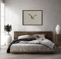Seagull in flight print in a dark wood frame above a rattan bed on a plaster wall
