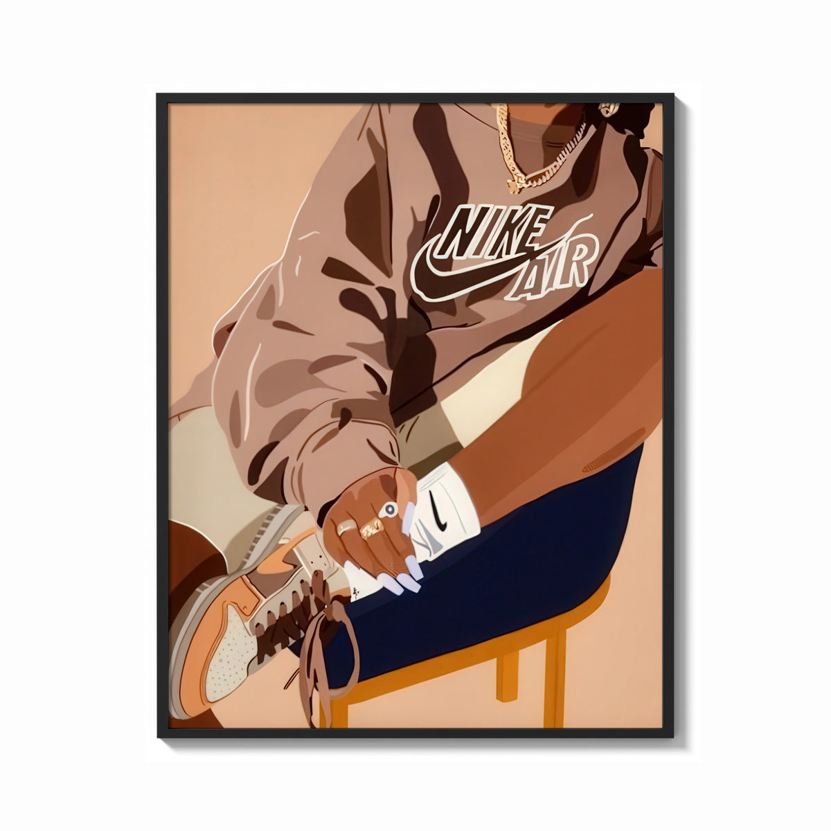 Framed Black Woman in a Brown Crewneck print shown as a bold statement piece on a clean gallery wall