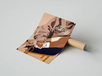 Gently curled Black Woman in a Brown Crewneck print beside its protective shipping tube